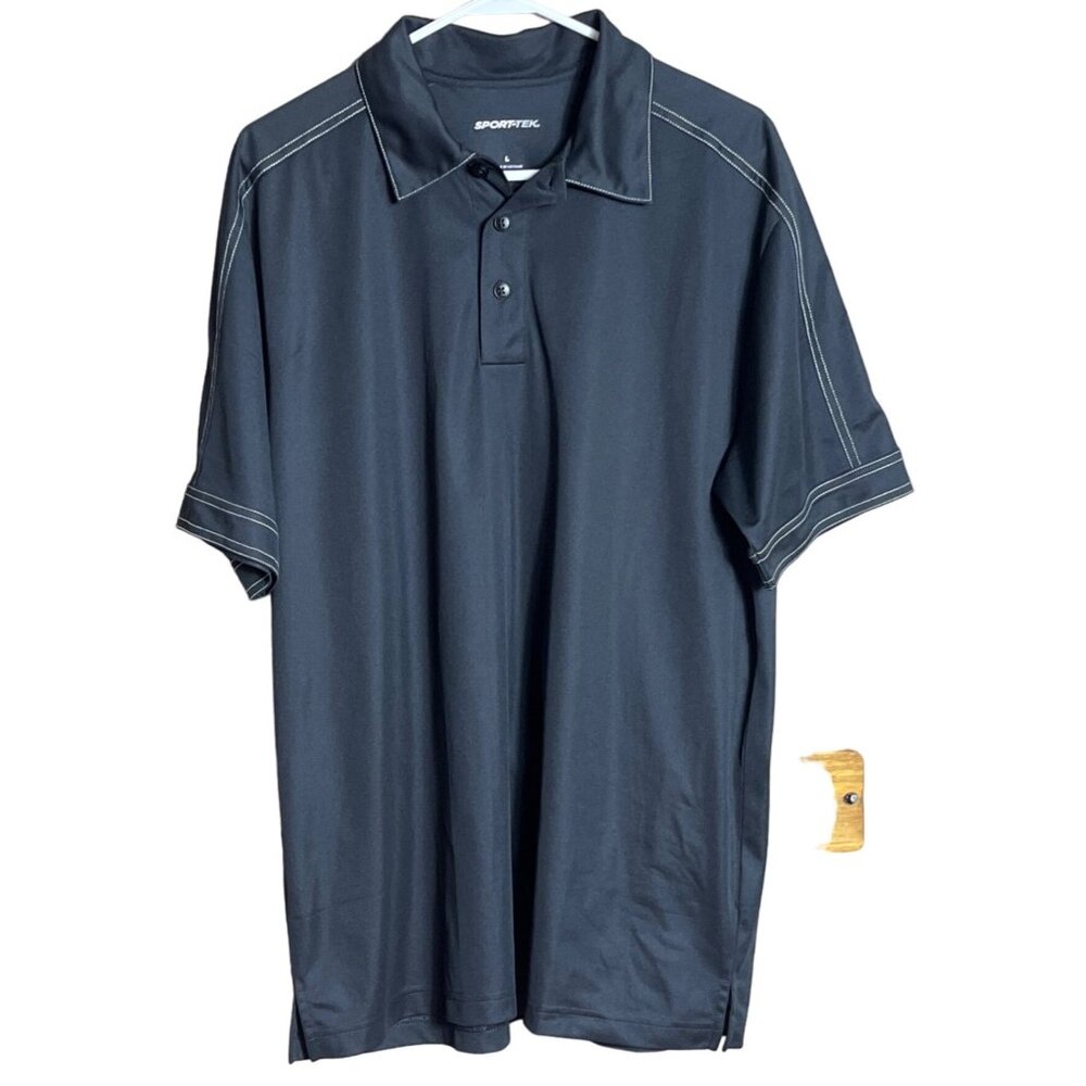 Sport-Tek Black Shirt Henley Sport Wick Polo Short Sleeve Casual Mens Size L